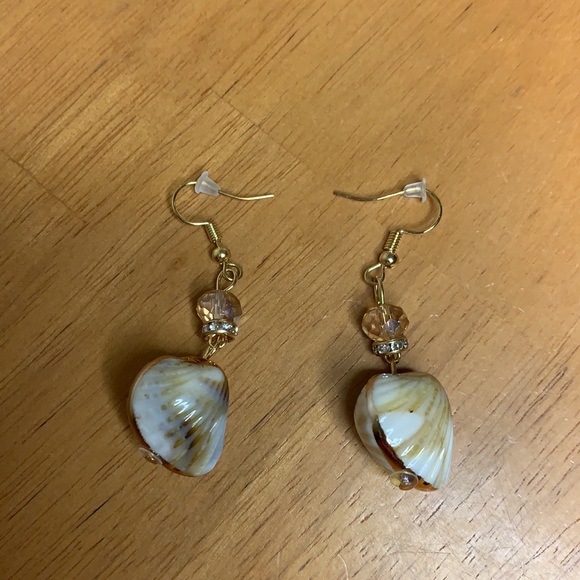 Gold Clamshell Drop Earrings w/ Smoky Crystal – Beach Boho Statement Jewelry - Picture 10 of 10